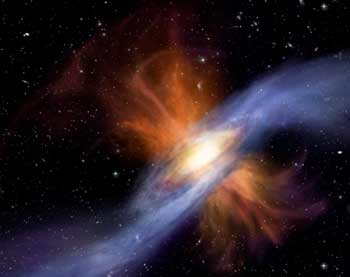 Artist conception of gas streams (blue) feeding a galactic disk