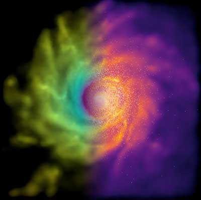 Computer generated images showing a disk galaxy from a modified gravity simulation