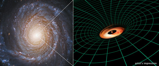 A Hubble Space Telescope image of the spiral galaxy NGC 3147 appears next to an artist's illustration of the supermassive black hole residing at the galaxy’s core