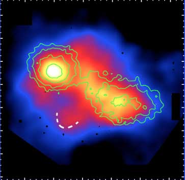 The image, taken in the x-ray spectrum, shows two galaxy clusters in the early stage of collision