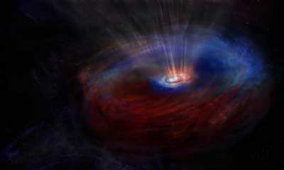 Artist impression of the heart of galaxy NGC 1068, which harbors an actively feeding supermassive black hole, hidden within a thick doughnut-shaped cloud of dust and gas