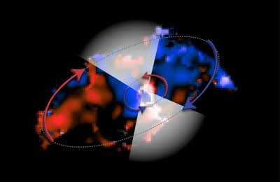 ALMA image showing two disks of gas moving in opposite directions around the black hole in galaxy NGC 1068