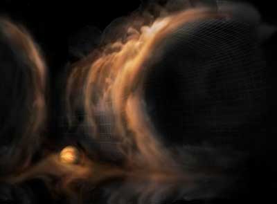 Artist impression of gas flowing like a waterfall into a protoplanetary disk gap, which is most likely caused by an infant planet