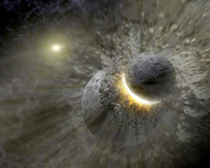 This artist's concept illustrates the collision of two rocky planets