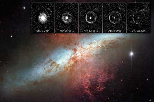 Light from a supernova explosion in the nearby starburst galaxy Messier 82 is reverberating off a huge dust cloud in interstellar space