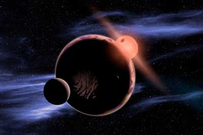 An artist’s conception shows a hypothetical planet with two moons orbiting within the habitable zone of a red dwarf star