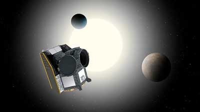 artist's rendition of the CHEOPS satellite, with a system of exoplanets in the background