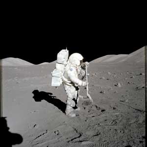 Apollo 17 astronaut and geologist Harrison Schmitt in 1972 collecting samples of lunar soil
