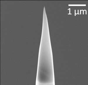 A tiny, sharped piece of a grain of moon dust, only a few hundred atoms wide