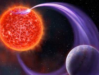 Artistic impression of a red-dwarf star’s magnetic interaction with its exoplanet