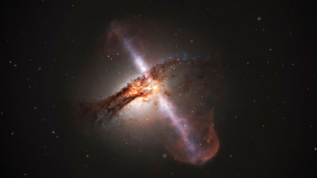 An active galactic nucleus, or quasar, hosts a black hole with an accretion disk of matter orbiting around and two jets of plasma beaming outward