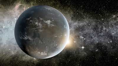 artistic depiction shows exoplanet Kepler-62f, a rocky super-Earth size planet