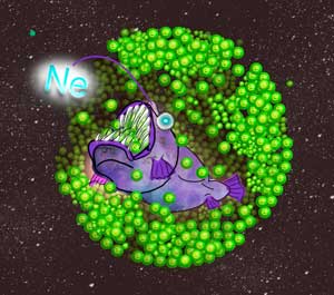 An artist’s impression shows how an imaginary deep-sea fish 'football-fish' (having Neon-Sign) eats away at the electrons inside a star core
