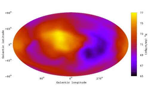 Expansion of the universe: The blue areas expand more slowly than expected, the yellow areas faster. In isotropy, the image would be monochromatic red