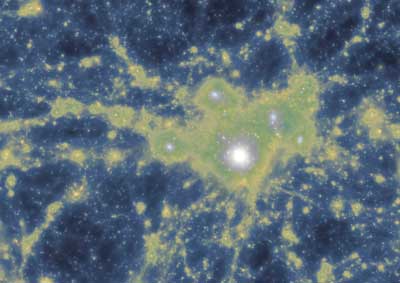 Simulation Showing Distribution of Dark Matter Density Overlayed with the Gas Density