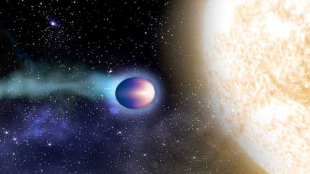 Atmospheric gases recede from a hot Jupiter, which is a Jupiter-size, egg-shaped planet that orbits close to its own sun, in this artistic rendering