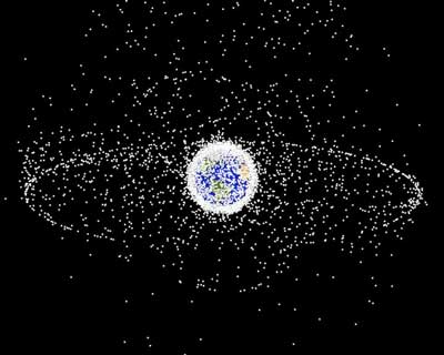 A computer-generated image representing space debris as could be seen from high Earth orbit