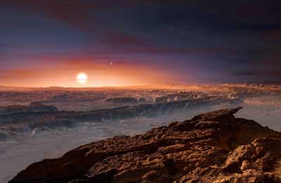 artist’s impression shows a view of the surface of the planet Proxima b orbiting the red dwarf star Proxima Centauri