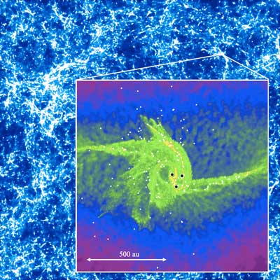 Snapshots of the simulations showing the distribution of matter in the Universe at the time of black hole formation