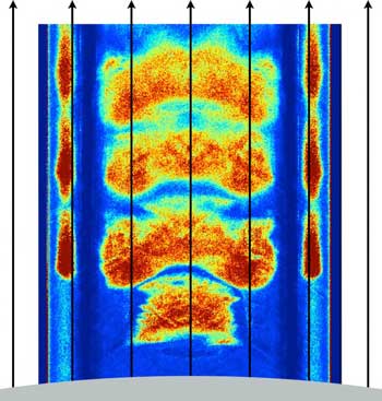 simulated density distribution of electron-positron plasma near the surface of a neutron star