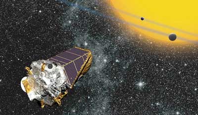 Artist’s conception of Kepler telescope observing planets transiting a distant star