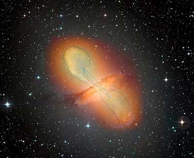 Composite image of Centaurus A, showing the jets emerging from the galaxy’s central black hole, together with the associated gamma radiation