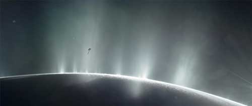 This illustration shows NASA's Cassini spacecraft flying through plumes on Enceladus