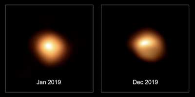 high-resolution images of Betelgeuse show the distribution of brightness in visible light on its surface before and during its darkening