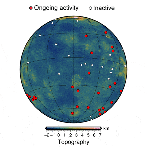 In the global map of Venus, active coronae appear in red and inactive coronae appear in white