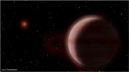 Illustration of the planetary system TVLM 513–46546; the newly discovered Saturn-like planet is seen in front of its host star, a small and cool brown dwarf