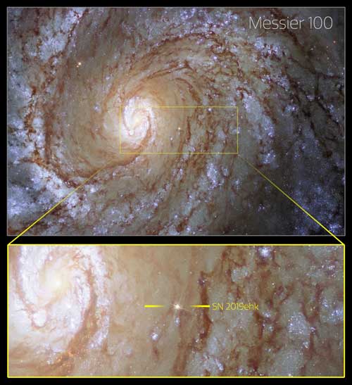 Hubble Space Telescope image of SN 2019ehk in its spiral host galaxy, Messier 100