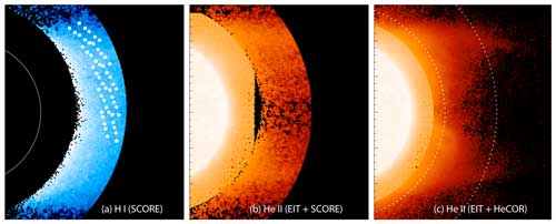 A composite image of the Sun showing the hydrogen (left) and helium (center and right) in the low corona