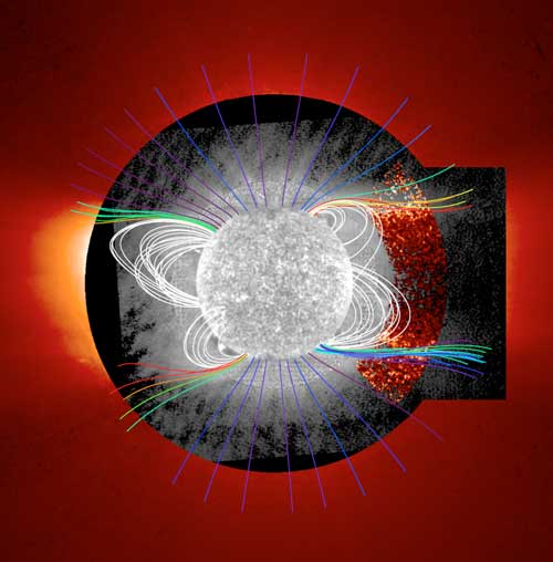A composite image shows the Sun with open magnetic field lines (colored) overlapping with regions with enhanced helium abundance