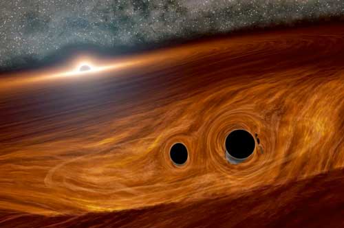 An artist’s rendition of the two black holes orbiting each other in a gas disk that surrounds a supermassive black hole