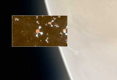Artist's impression of Venus, with an inset showing a representation of the phosphine molecules detected in the high cloud decks
