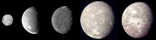 Images of the five largest Uranian moons Miranda, Ariel, Umbriel, Titania and Oberon