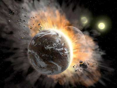 This artist’s concept illustrates a catastrophic collision between two rocky exoplanets