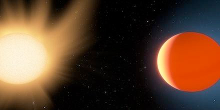 artist's impression shows LTT9779b near the star it orbits, and highlights the planet's ultra-hot  day-side