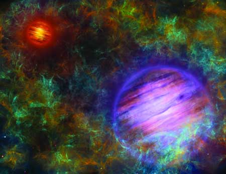 Artist's composition of the two brown dwarfs, in the foreground Oph 98B in purple, in the background Oph 98A in red