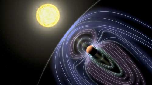 In this artistic rendering of the Tau Boötes b system, the lines representing the invisible magnetic field are shown protecting the hot Jupiter planet from solar wind