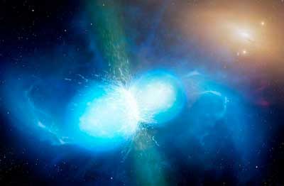 An artist’s impression of the collision of two neutron stars