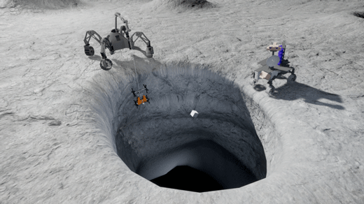 The visualization depicts the mission scenario at the skylight of a lava tube on the moon with the three robot systems SherpaTT (upper left), Coyote III (lower left) and LUVMI (right)