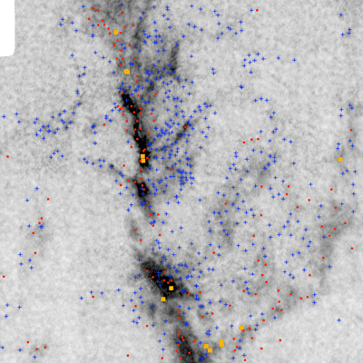 high-resolution map of the Orion Nebula Cluster showing newborn stars (orange squares), gravitationally collapsing gas cores (red circles), and non-collapsing gas cores (blue crosses)