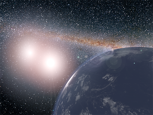 Artist's concept of hypothetical planet covered in water around the binary star system of Kepler-35A and B