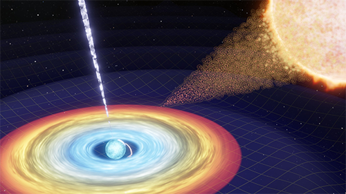 Artist's impression of continuous gravitational waves generated by a spinning asymmetric neutron star