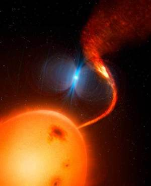 n illustration of a fast-spinning, magnetic white dwarf rejecting the donor gas in the cataclysmic variable known as J0240