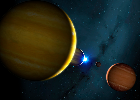 Artist's impression of the four planets of the HR 8799 system and its star