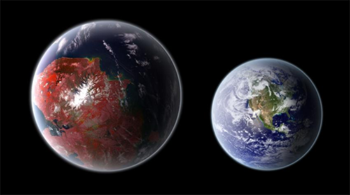 An artistic representation of the potentially habitable planet Kepler 422-b (left), compared with Earth (right)