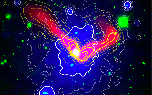 The Northern Clump as it appears in X-rays (blue, XMM-Newton satellite), in visual light (green, DECam), and at radio wavelengths (red, ASKAP/EMU)