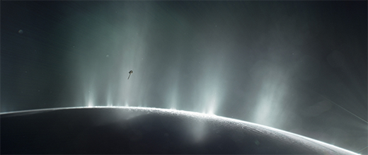 This artist's impression depicts NASA's Cassini spacecraft flying through a plume of presumed water erupting from the surface of Saturn's moon Enceladus